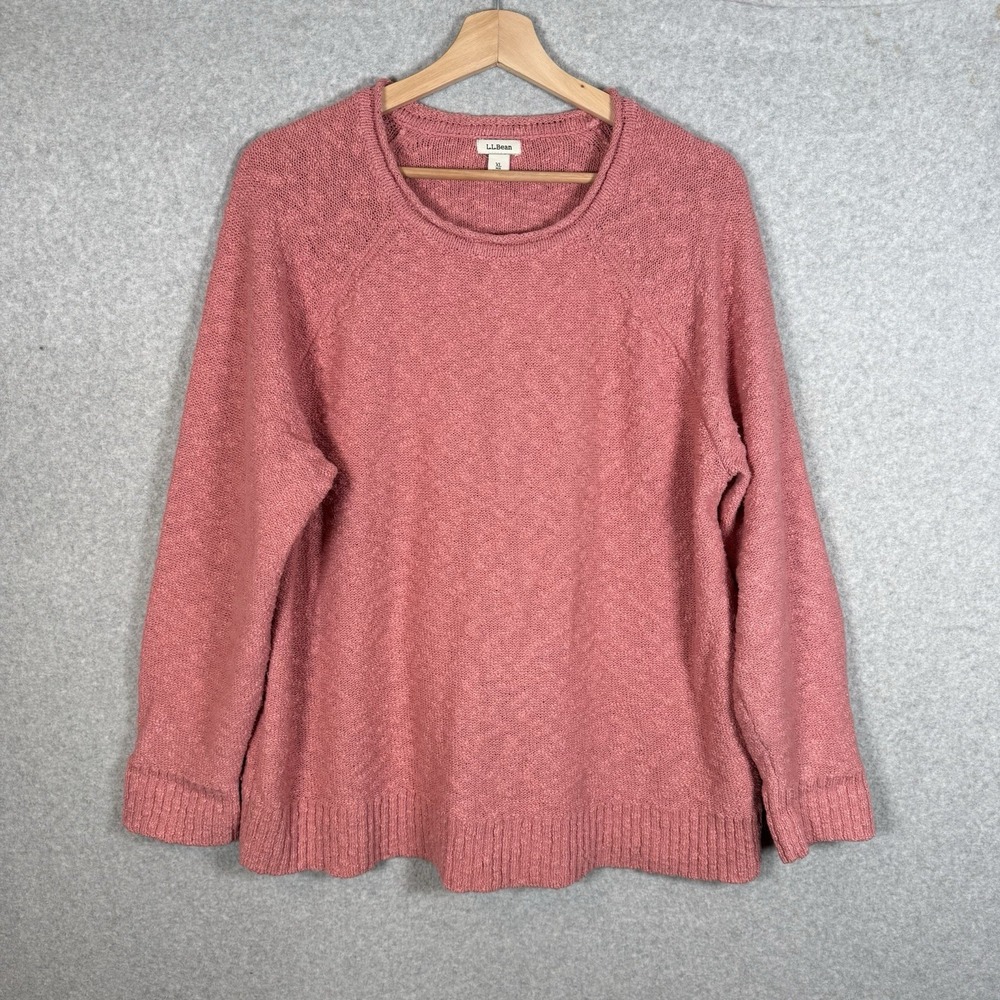LL Bean Womens Pink XL Cotton Textured Crewneck Raglan Sweater 506299